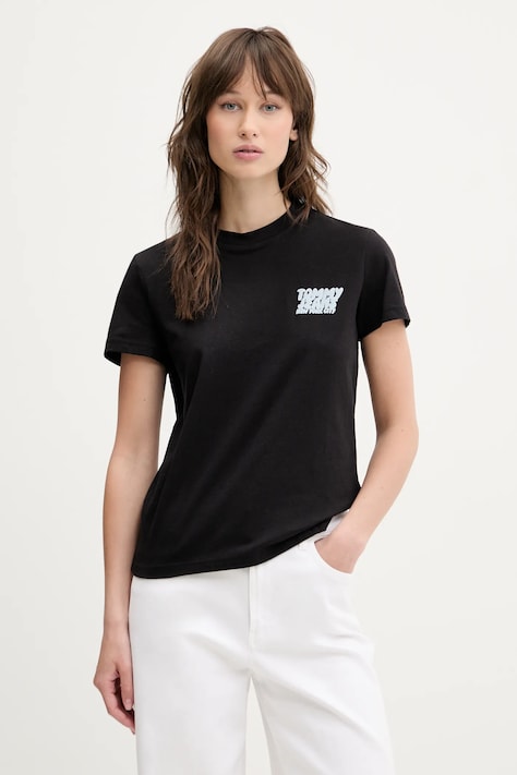 Βαμβακερό μπλουζάκι Tommy Jeans γυναικείο, χρώμα: μαύρο, DW0DW21338