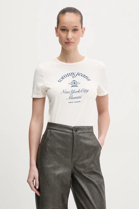 Хлопковая футболка Tommy Jeans женская цвет бежевый DW0DW20323