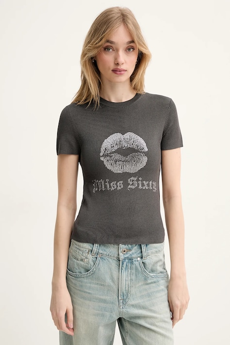 Miss Sixty t-shirt z domieszką jedwabiu damski kolor szary 6S1RJ23100