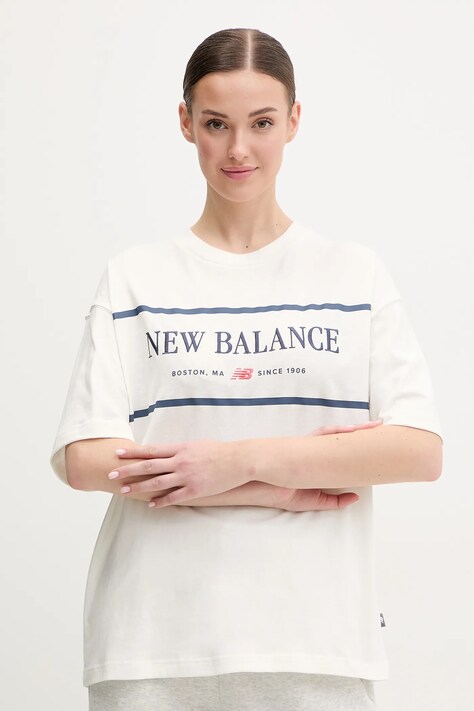 Βαμβακερό μπλουζάκι New Balance γυναικείο, χρώμα: μπεζ, WT51910SST