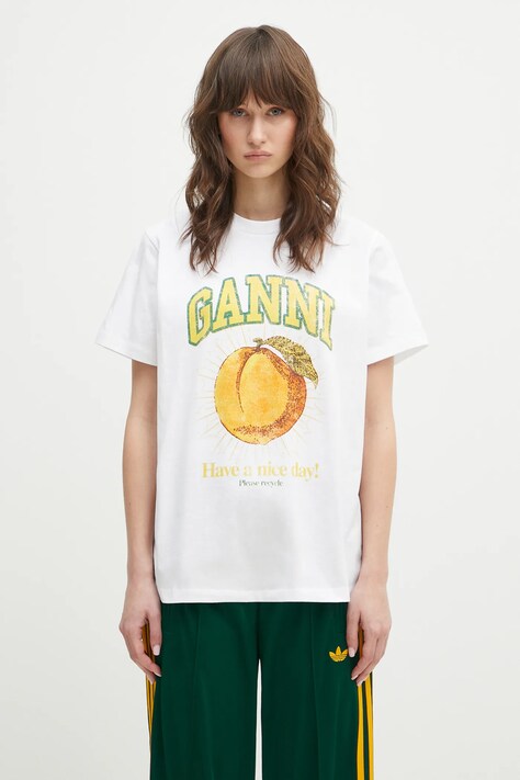 Bavlněné tričko GANNI Basic Jersey Peach Relaxed bílá barva, T3529