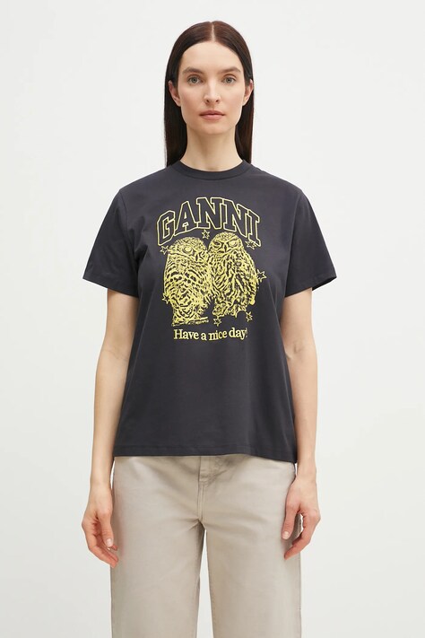 GANNI tricou din bumbac Basic Jersey Owls Relaxed femei, culoarea gri, T4059
