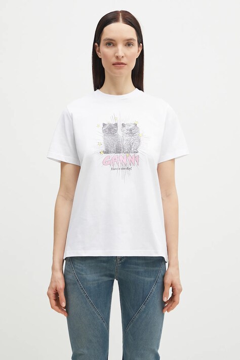 GANNI cotton t-shirt Basic Jersey Kittens Relaxed women’s white color T4060