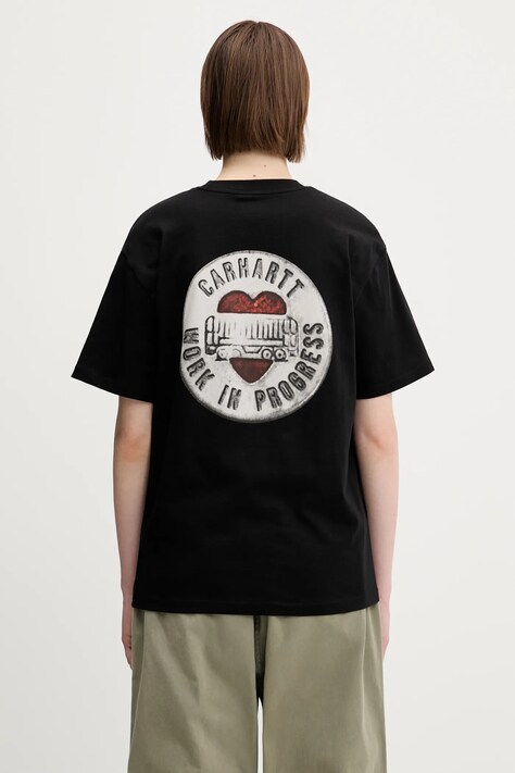 Памучна тениска Carhartt WIP S/S Button T-Shirt дамска в черно I034702