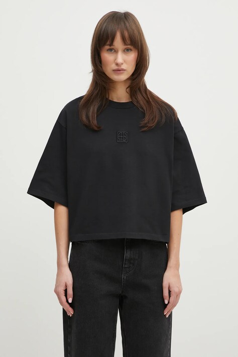 Βαμβακερό μπλουζάκι Anine Bing Myers Cropped Tee Framed Monogram γυναικείο, χρώμα: μαύρο, A.08.10920