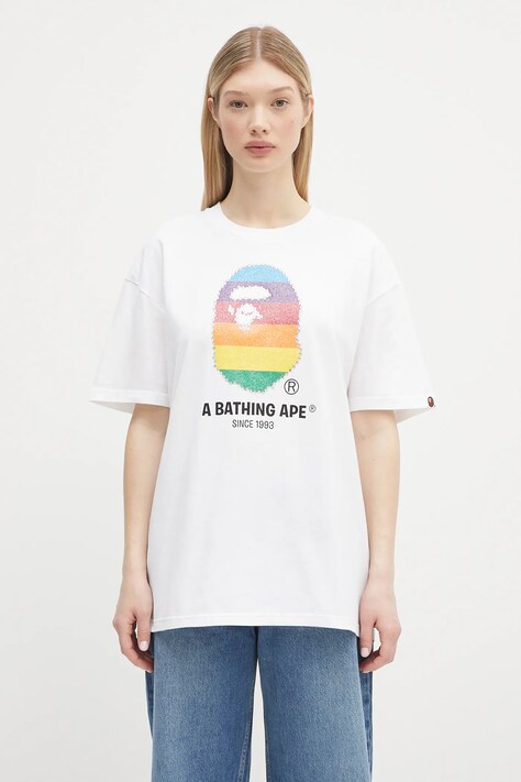 Bavlněné tričko A Bathing Ape Crystal Ape Head Oversized dámské, bílá barva, 1L30209008