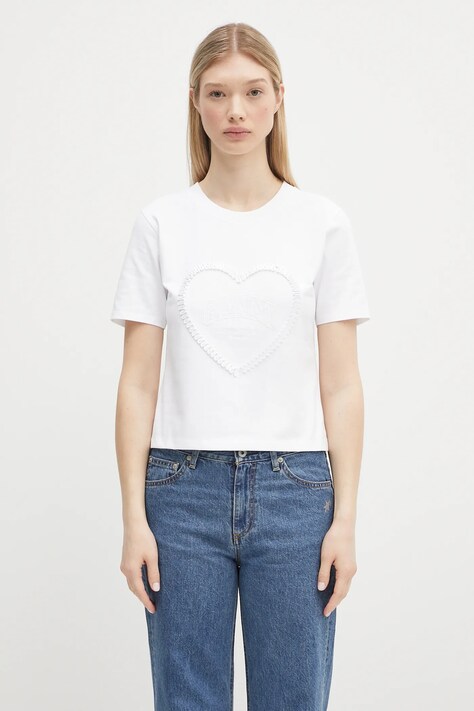 GANNI tricou din bumbac Heavy Cotton Heart Small culoarea alb, T4150