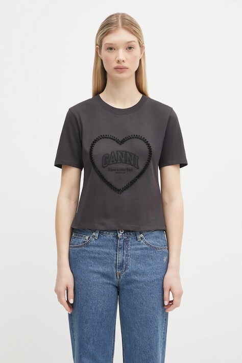 GANNI tricou din bumbac Heavy Cotton Heart Small culoarea gri, T4178