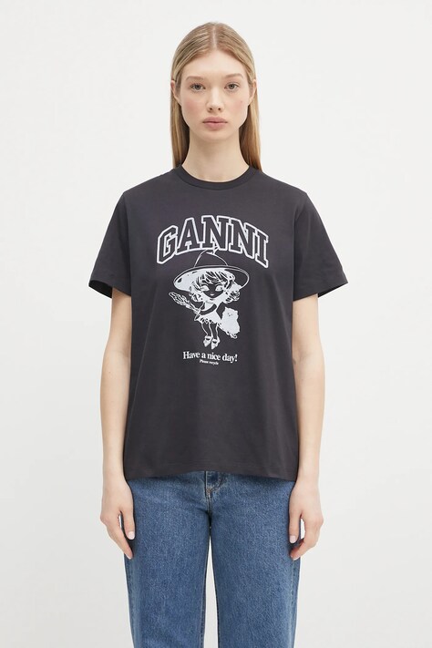 Bavlněné tričko GANNI Basic Cotton Witch Relaxed dámské, šedá barva, T4138