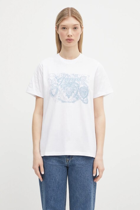 GANNI tricou din bumbac Basic Jersey Tattoo Lace Relaxed culoarea alb, T4158