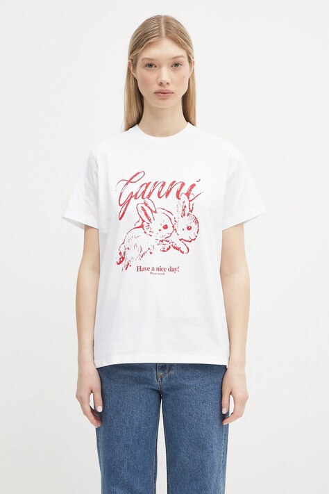 Bavlněné tričko GANNI Basic Jersey Bunnies Relaxed dámské, bílá barva, T3994