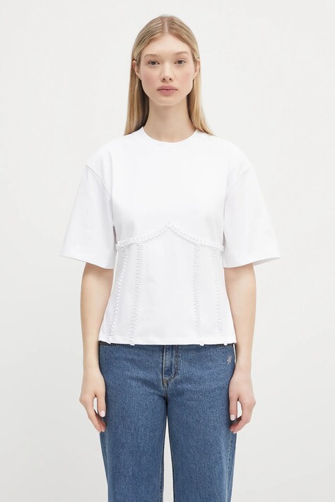 GANNI tricou din bumbac Heavy Cotton Tie Back Waisted culoarea alb, T4149