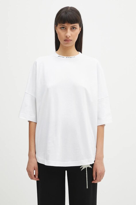 Palm Angels tricou din bumbac Back Curved Logo Loose culoarea alb, PWAA023S25JER0040110