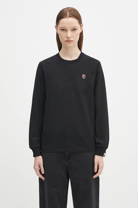Bavlněné tričko s dlouhým rukávem A Bathing Ape One point dámské, černá barva, 1K80211017