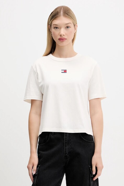 Bavlněné tričko Tommy Jeans dámské, béžová barva, DW0DW22202