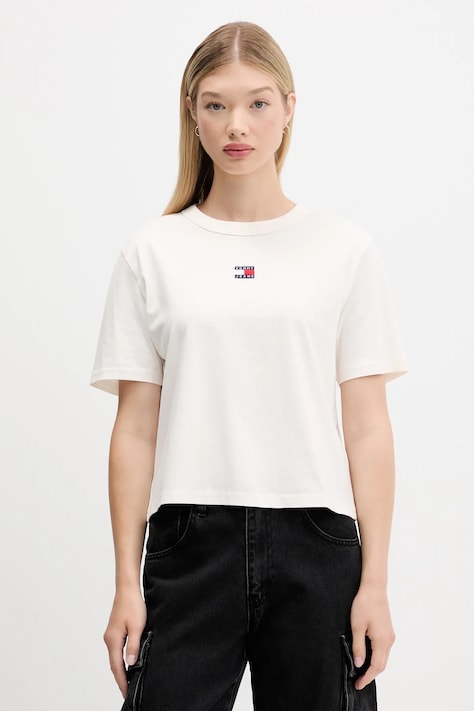Памучна тениска Tommy Jeans дамска в бежово DW0DW22202