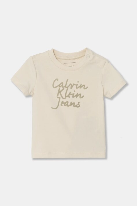 Dětské bavlněné tričko Calvin Klein Jeans béžová barva, s potiskem, IN0IN00261