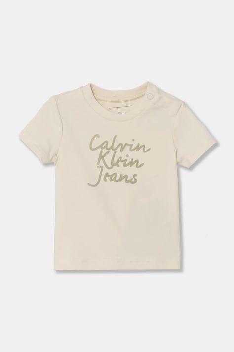Calvin Klein Jeans tricou de bumbac pentru copii culoarea bej, cu imprimeu, IN0IN00261