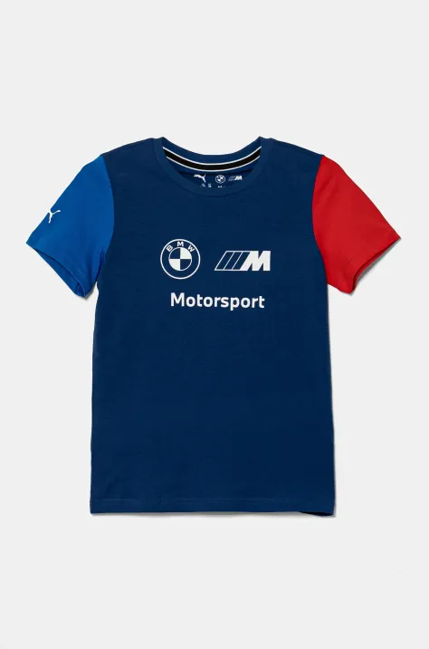 Puma t-shirt bawełniany dziecięcy BMW MMS ESS LOGO TEE kolor granatowy z nadrukiem 621264