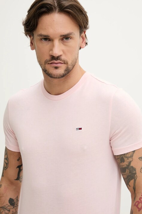 Tommy Jeans tricou barbati, culoarea roz, neted, DM0DM20363