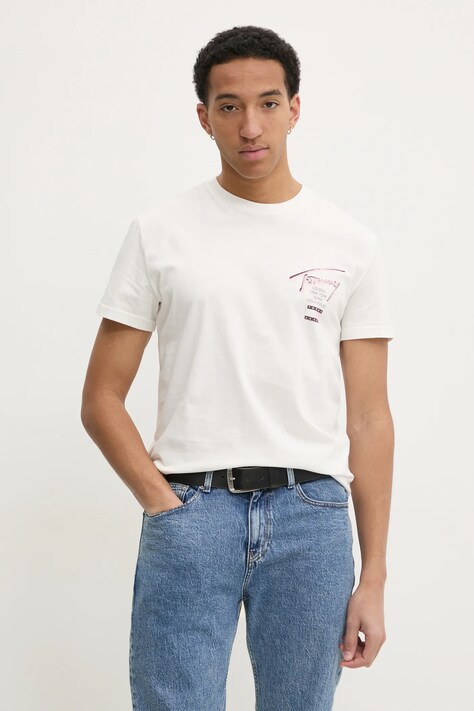 Bavlnené tričko Tommy Jeans pánske, béžová farba, s potlačou, DM0DM21106
