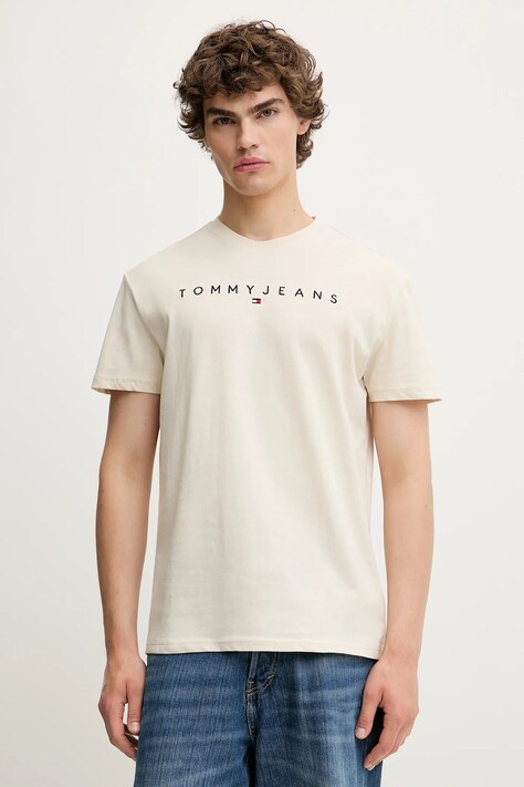 Βαμβακερό μπλουζάκι Tommy Jeans ανδρικό, χρώμα: μπεζ, DM0DM20744