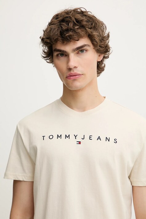 Tommy Jeans tricou din bumbac culoarea bej, cu imprimeu, DM0DM20744