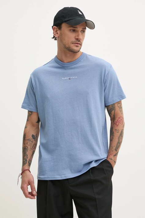 Tommy Jeans tricou din bumbac barbati, culoarea bej, cu imprimeu, DM0DM21110