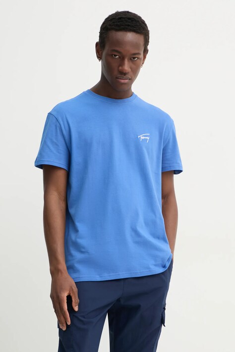 Tommy Jeans tricou din bumbac barbati, culoarea turcoaz, cu imprimeu, DM0DM21140