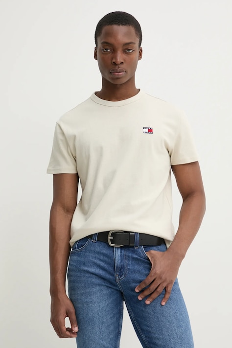 Tommy Jeans tricou din bumbac barbati, culoarea bej, neted, DM0DM20322