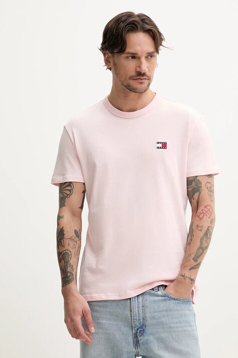 Pamučna majica Tommy Jeans za muškarce, boja: ružičasta, bez uzorka, DM0DM20322
