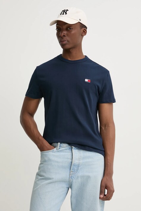 Tommy Jeans tricou din bumbac barbati, culoarea albastru marin, neted, DM0DM20322