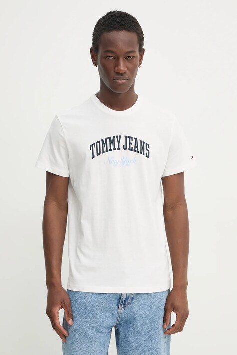 Bavlnené tričko Tommy Jeans pánske, béžová farba, s potlačou, DM0DM20362