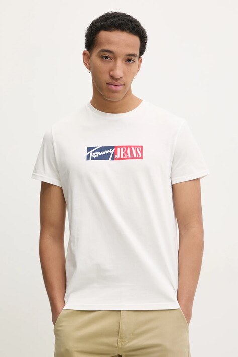 Bavlněné tričko Tommy Jeans béžová barva, s potiskem, DM0DM20365
