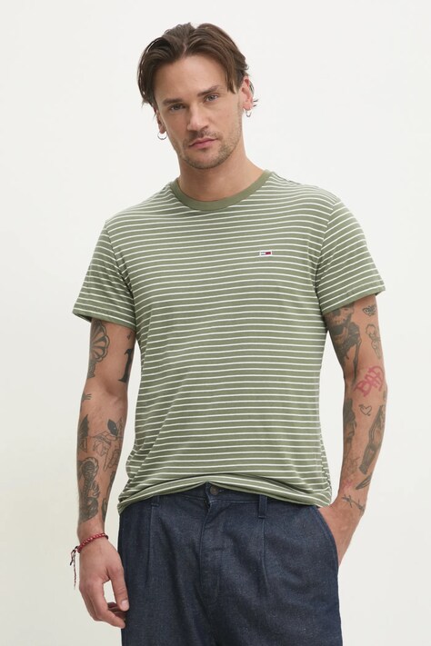 Хлопковая футболка Tommy Jeans мужская цвет зелёный узорная DM0DM20377