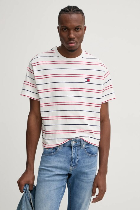 Бавовняна футболка Tommy Jeans чоловіча колір білий візерунок DM0DM20675