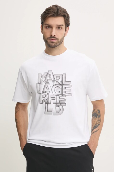 Bavlnené tričko Karl Lagerfeld pánske, biela farba, s potlačou, 551230.755186