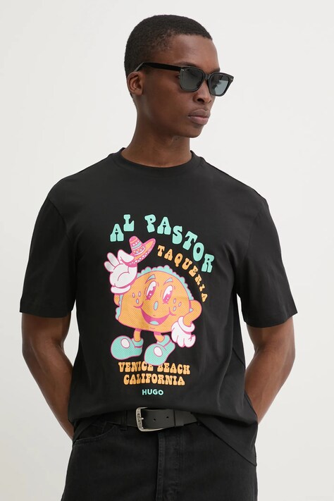 Bavlněné tričko Hugo Blue černá barva, s potiskem, 50532123