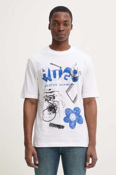 Hugo Blue tricou din bumbac bărbați, culoarea alb, cu imprimeu, 50533529