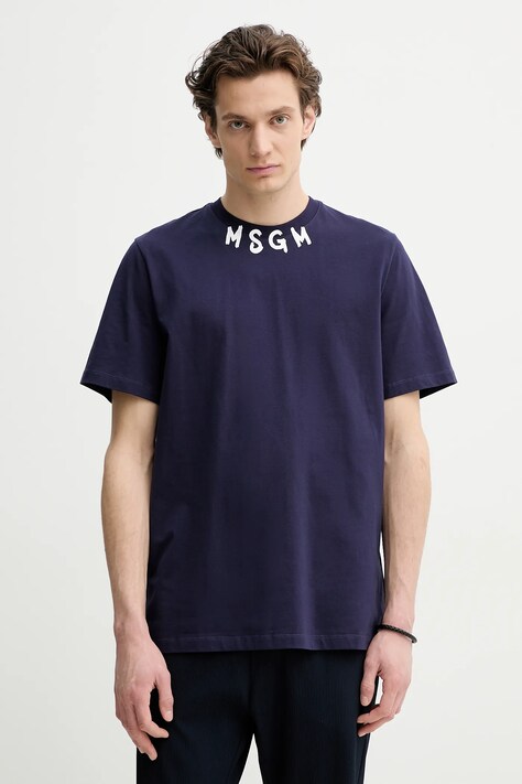 Bavlněné tričko MSGM tmavomodrá barva, s potiskem, 3840MM102.257002