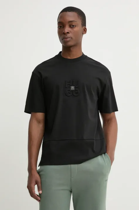 Bavlněné tričko HUGO černá barva, s aplikací, 50535499