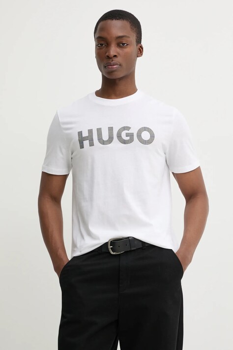 HUGO tricou din bumbac bărbați, culoarea alb, cu imprimeu, 50534622