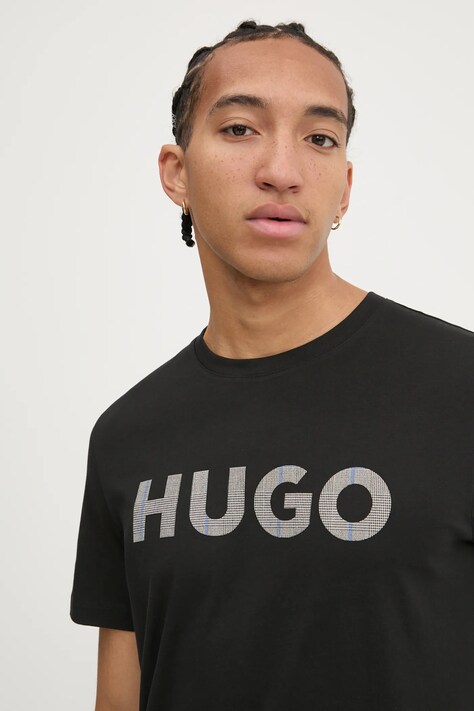 Bavlněné tričko HUGO černá barva, s potiskem, 50534622