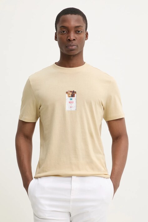 Bavlněné tričko HUGO béžová barva, s potiskem, 50530683