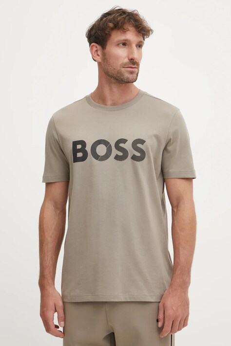 BOSS Green tricou din bumbac barbati, culoarea bej, cu imprimeu, 50530990