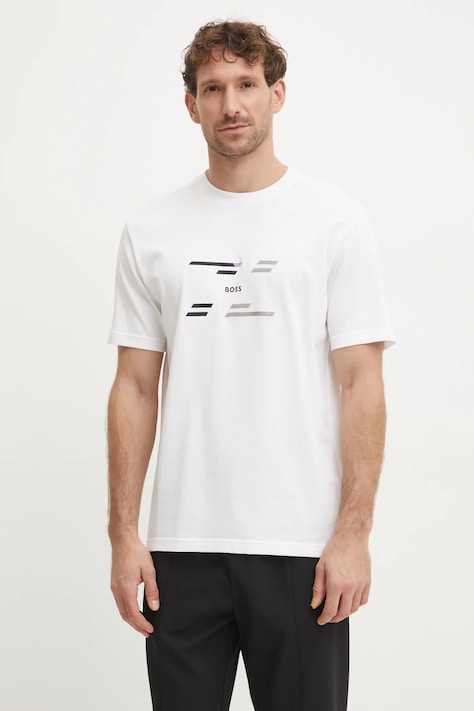 Boss Green tricou din bumbac barbati, culoarea bej, cu imprimeu, 50530997