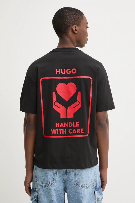 HUGO tricou din bumbac bărbați, culoarea negru, cu imprimeu, 50530557