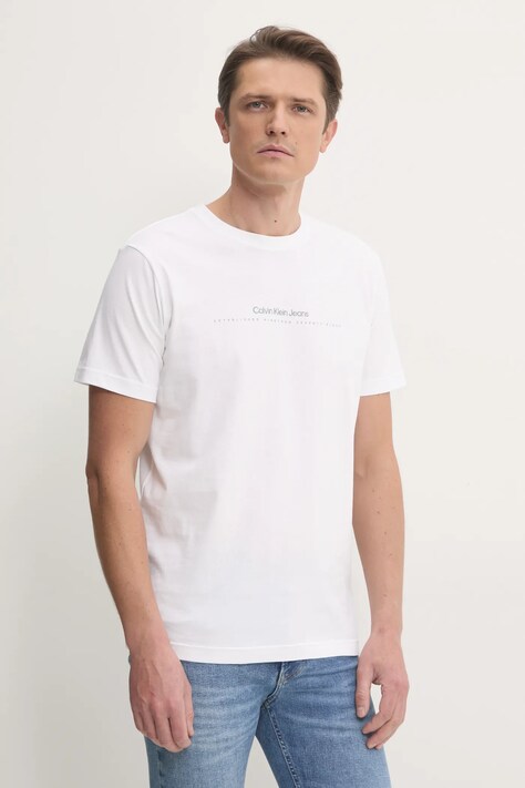 Calvin Klein Jeans tricou din bumbac barbati, culoarea alb, cu imprimeu, J30J327075