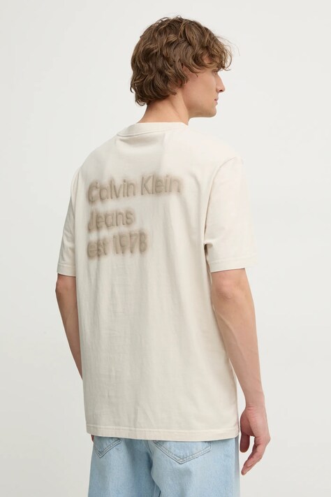 Calvin Klein Jeans tricou din bumbac barbati, culoarea bej, neted, J30J327078
