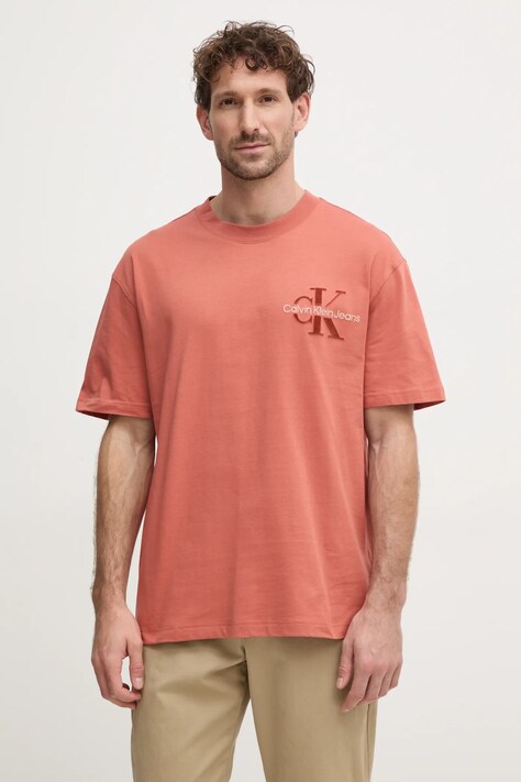 Calvin Klein Jeans tricou din bumbac barbati, culoarea portocaliu, cu imprimeu, J30J327107